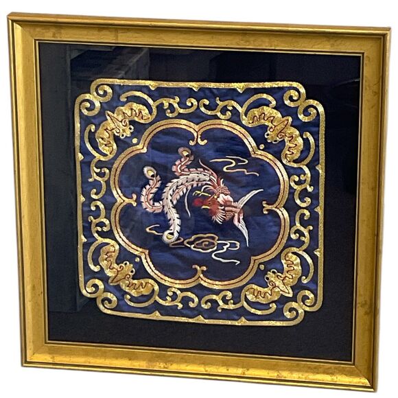 Phoenix Bird Silk Embroidery Custom Framed Rich Gold Royal Blue Asian Style - Picture 2 of 7